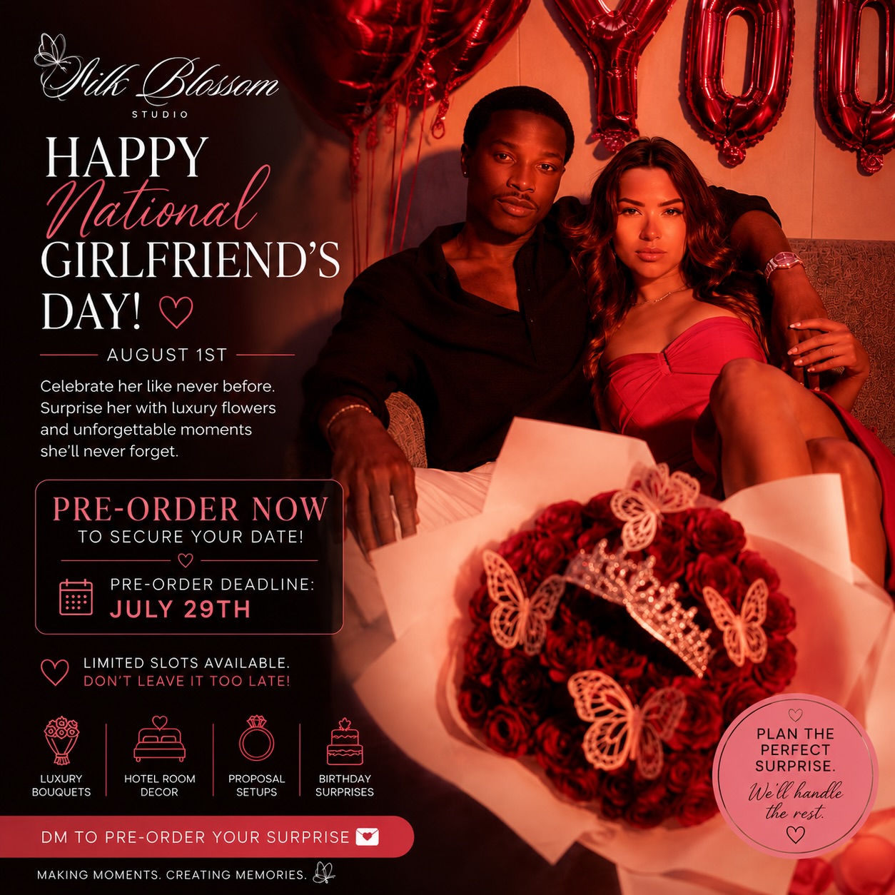 📅 National Girlfriend’s Day – August 1st

⏰ Pre-orders close July 29th to guarantee your booking.

Limited availability.

📍Tallaght, Dublin
🚗 Delivery & hotel setups available

DM now to secure your date. ❤️

#NationalGirlfriendsDay #DublinFlowers #LuxuryBouquet #HotelDecor #silkblossomstudio