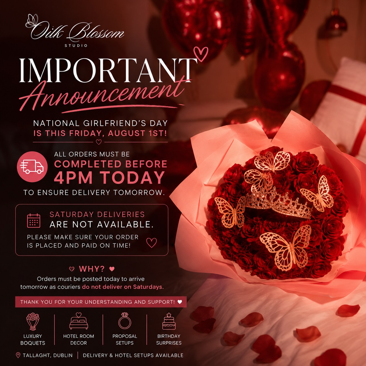 🚨 LAST CHANCE! 🌹

National Girlfriend’s Day is tomorrow! ❤️

All orders must be placed and paid by 4PM TODAY for Friday delivery.

Unfortunately, our courier doesn’t deliver on Saturdays.

📩 DM now to secure your order before it’s too late. ✨