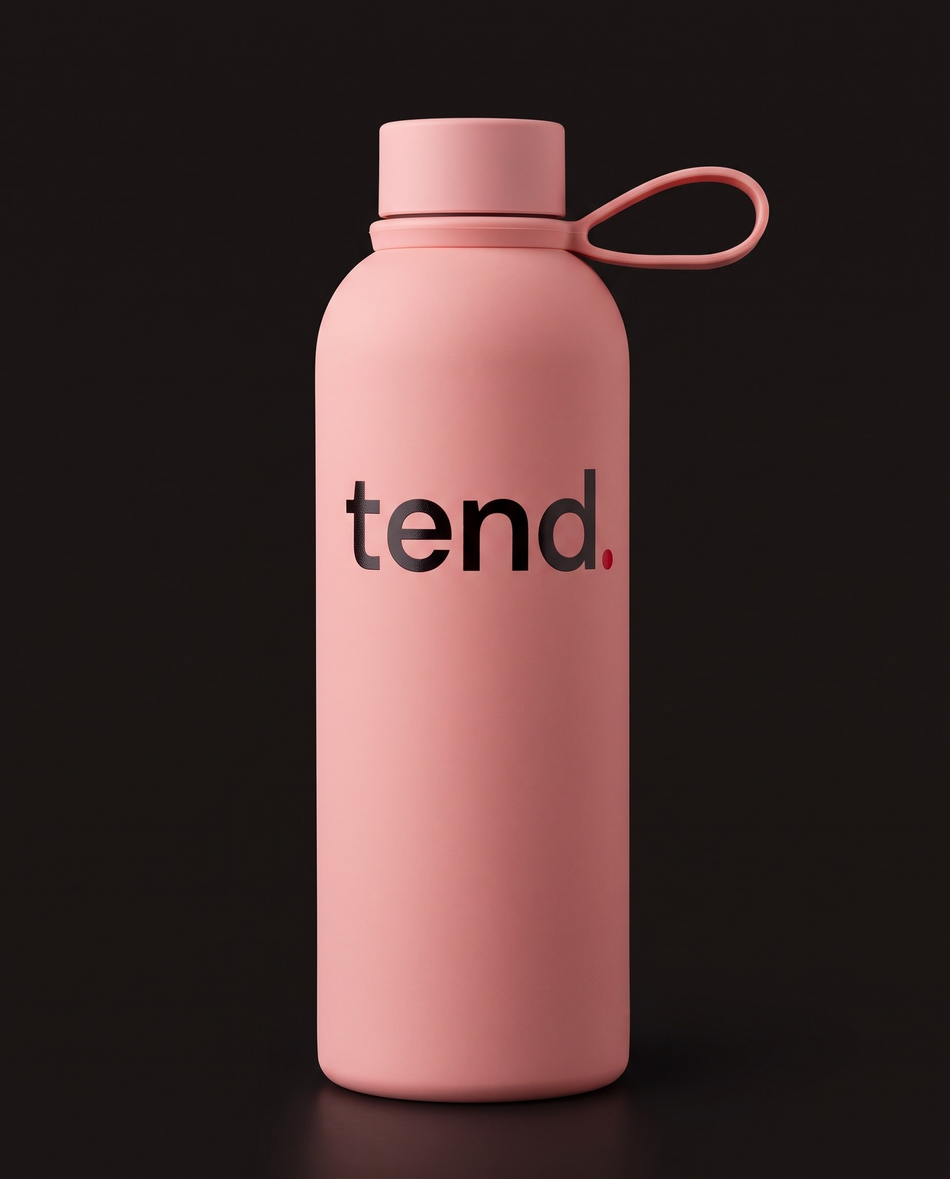 The pink tend. water bottle standing on a dark background